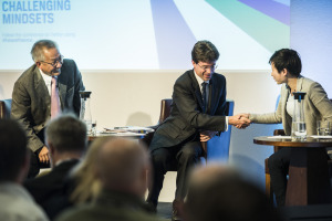 Ng Kok Song (left), James Mackintosh (center) and Wei Yao at the European Investment Conference