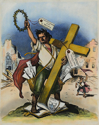American cartoon by Grant Hamilton, 1896, on William Jennings Bryan's "Cross of Gold" speech at the Democratic National Convention in Chicago, which won Bryan the presidential nomination.