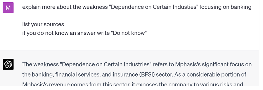 Image of Chat GPT Query: Explain More about Mphasis Weakness Dependence on Certain Industries