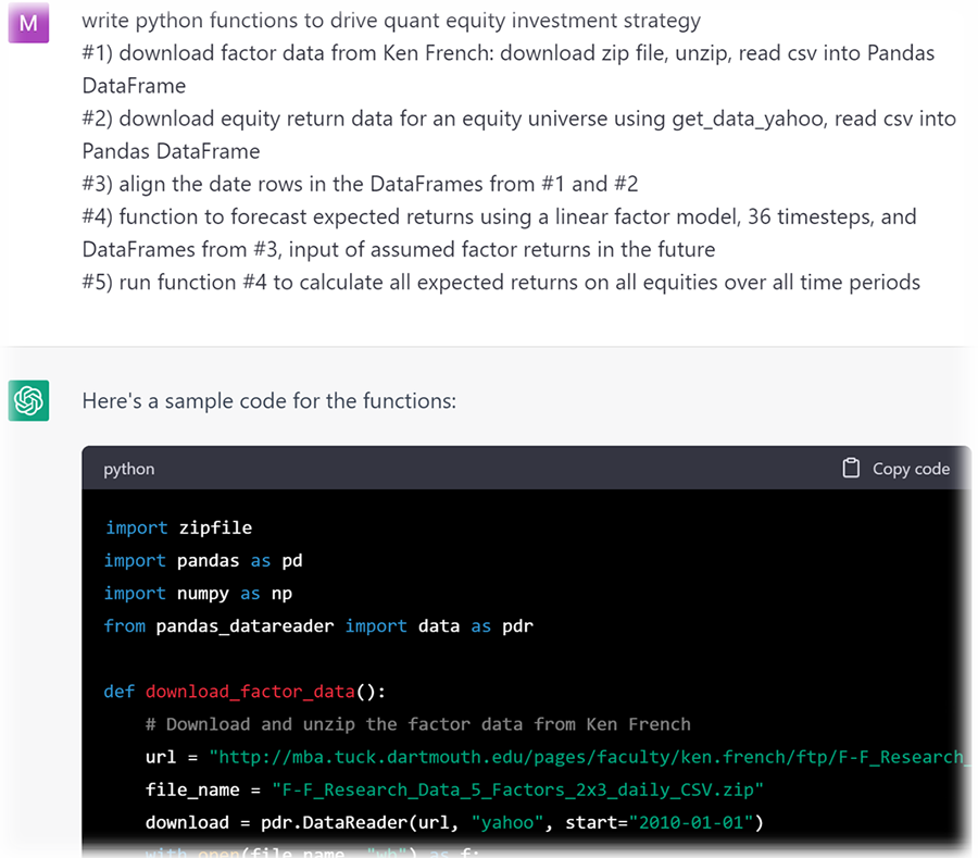 Image of Chat GPT Query: Write Python Functions to Drive Quant Equity Investment Strategy