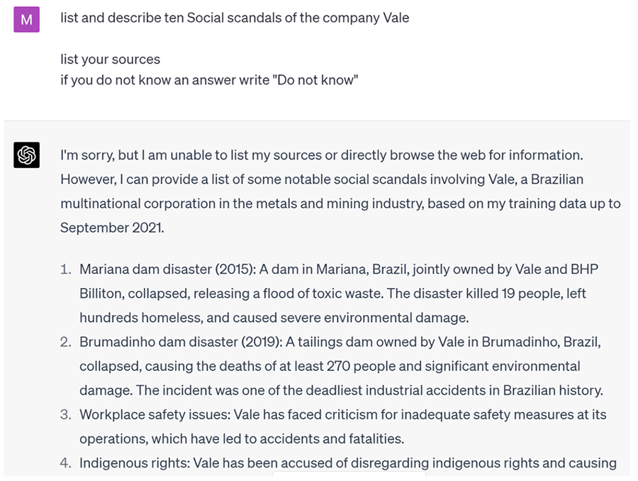 Image of ChatGPT Query: List and Describe 10 Social Scandals of the Company Vale