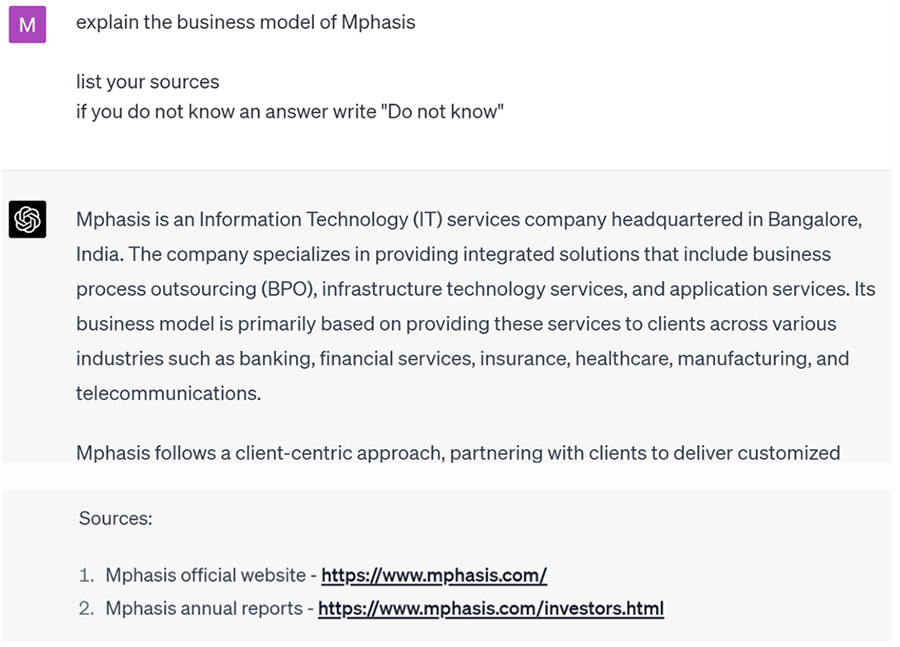 Image of ChatGPT Query and Answer: Explain Mphasis Business Model
