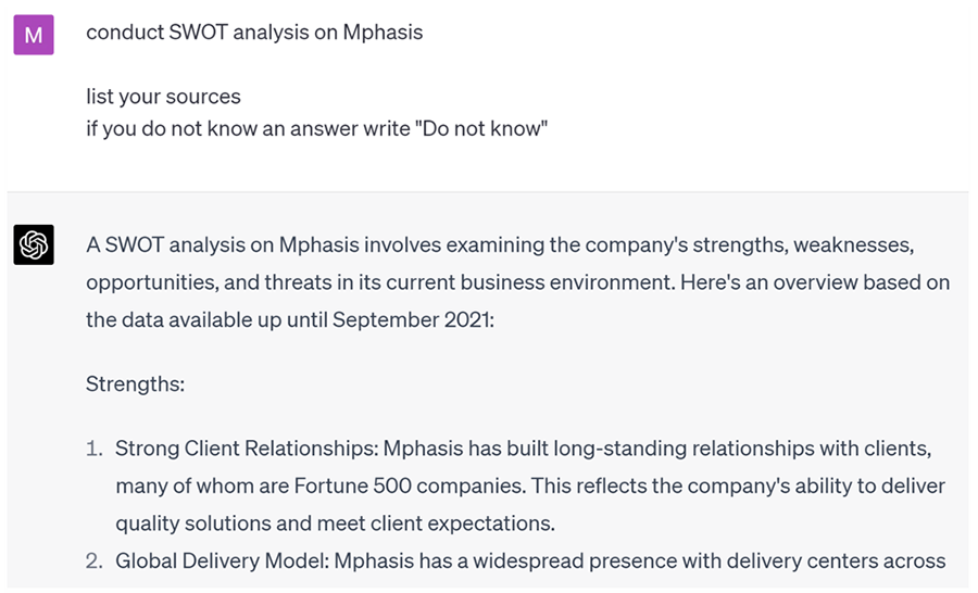 Image of ChatGPT query: Conduct SWOT Analysis on Mphasis, List Sources